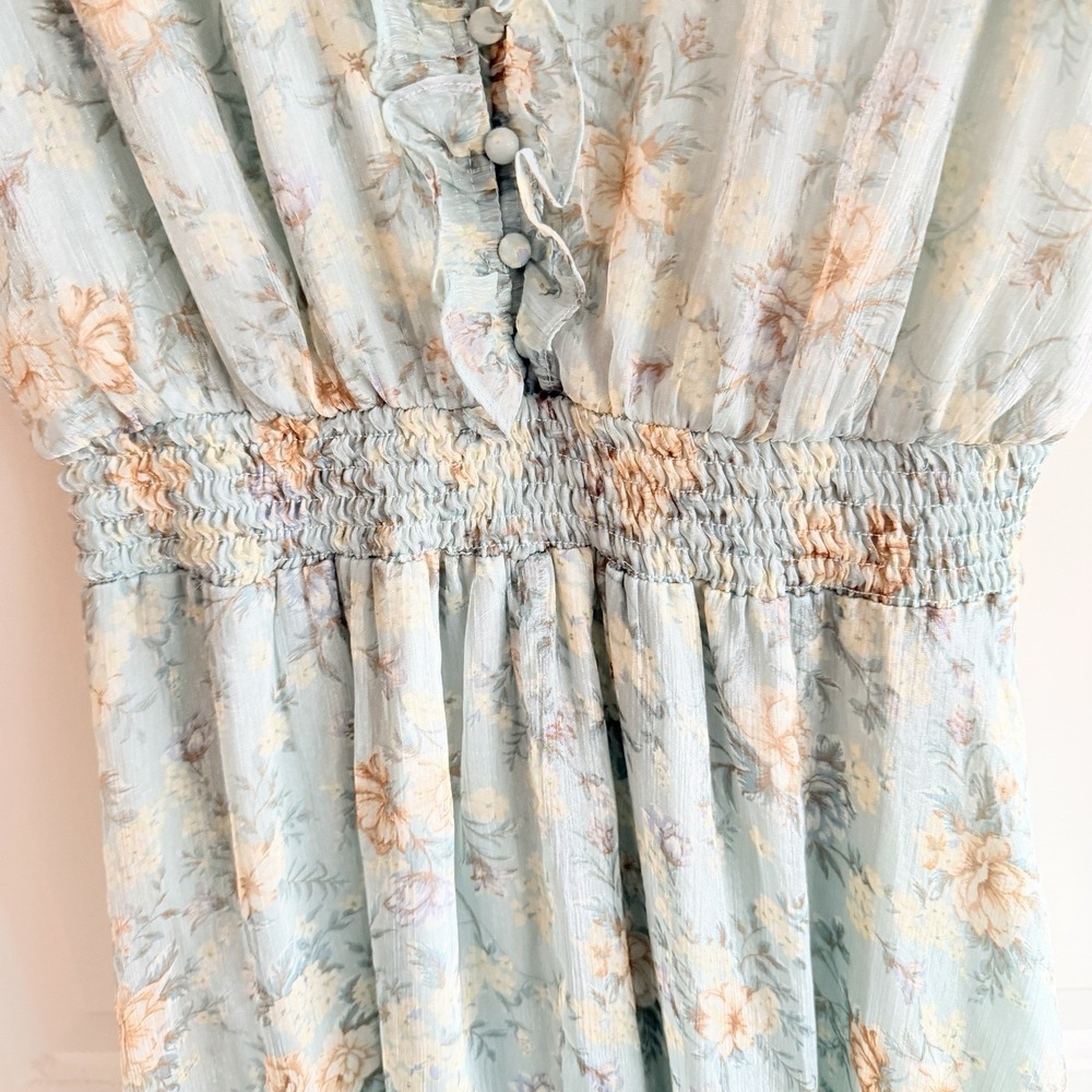 By the River Floral Maxi Dress Medium Blue Ruffle Boho Chiffon Lined Cottagecore - Picture 4 of 11